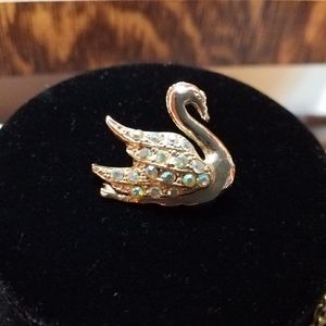 Sparkling Goldtone Swan Brooch with AB Rhinestones